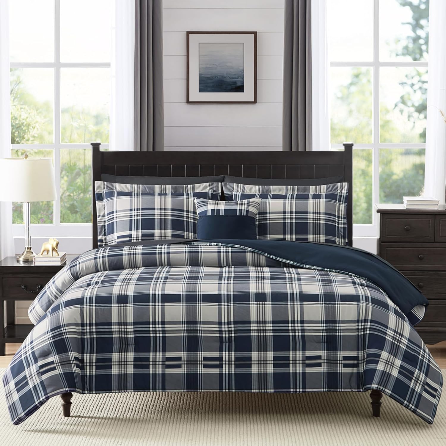 MaiRêve Queen Comforter Set, Plaid Design Comforter Set 7 Pieces, All Season Com...