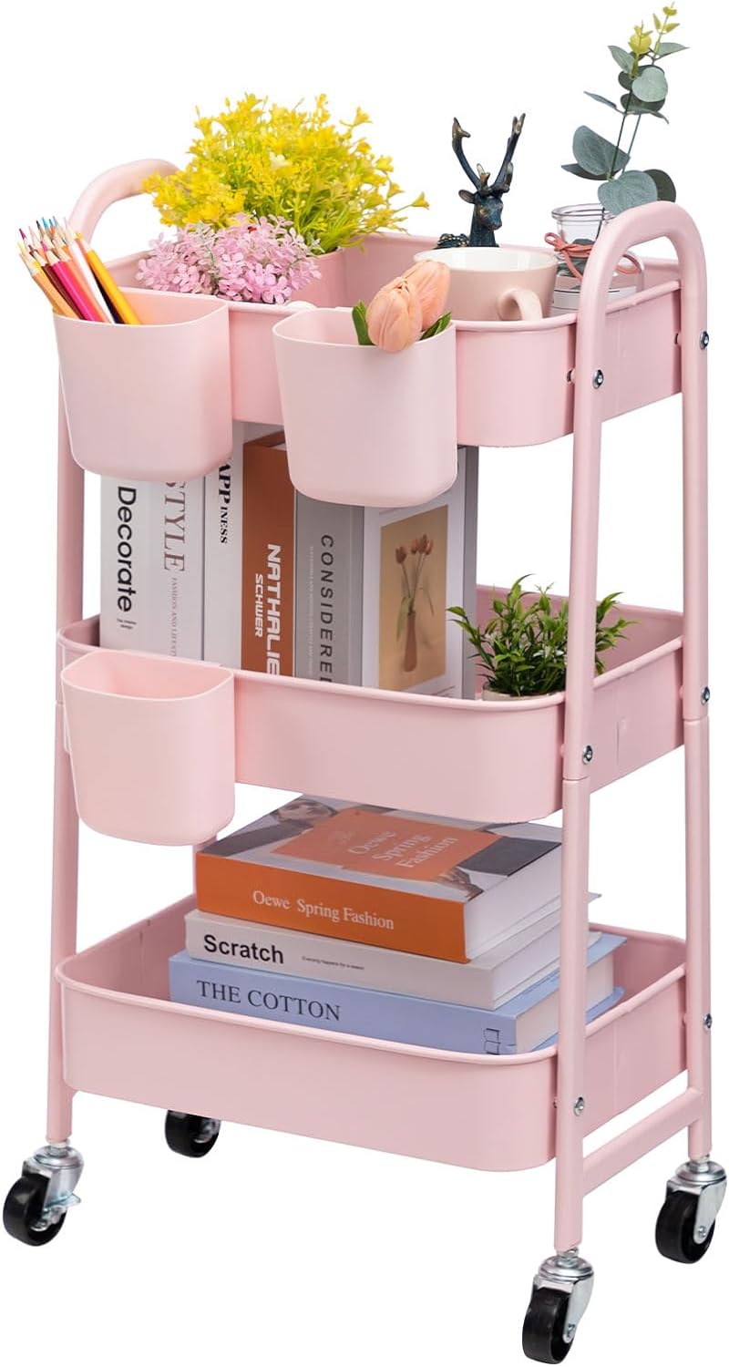 DOEWORKS 3-Tier Storage Cart Rolling Kitchen Trolley Cart, Metal Utility Shelves...
