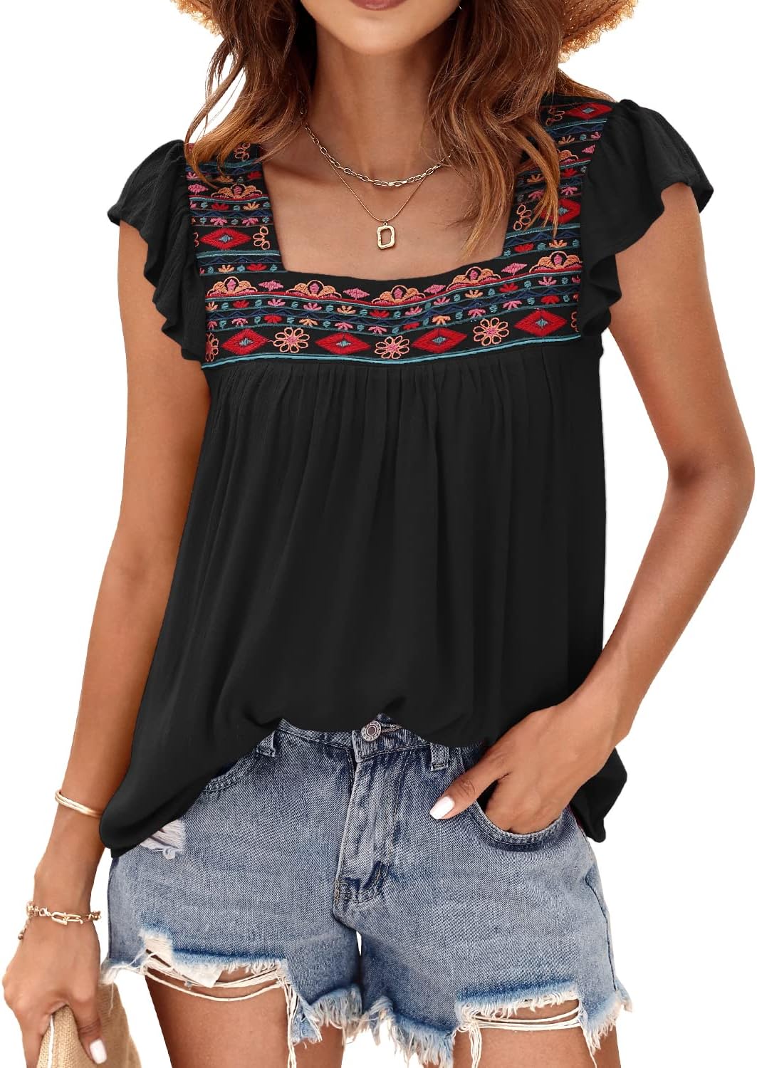 DOROSE Womens Blouse, Special Square Neck Embroidered Tops, Innovative Flowy Bab...