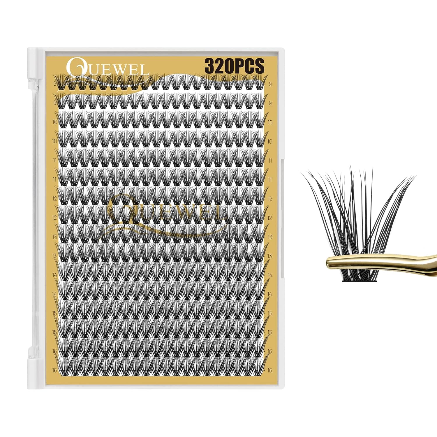 QUEWEL Lash Clusters 320Pcs Cluster Lashes 40D D Curl Lash Clusters Mix9-16mm In...
