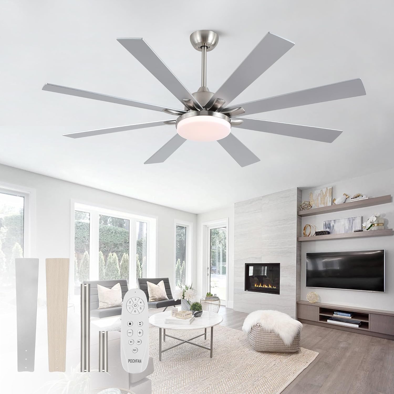 62 inch Ceiling Fans with Lights and Remote Control, Modern Brushed Nickel Ceili...