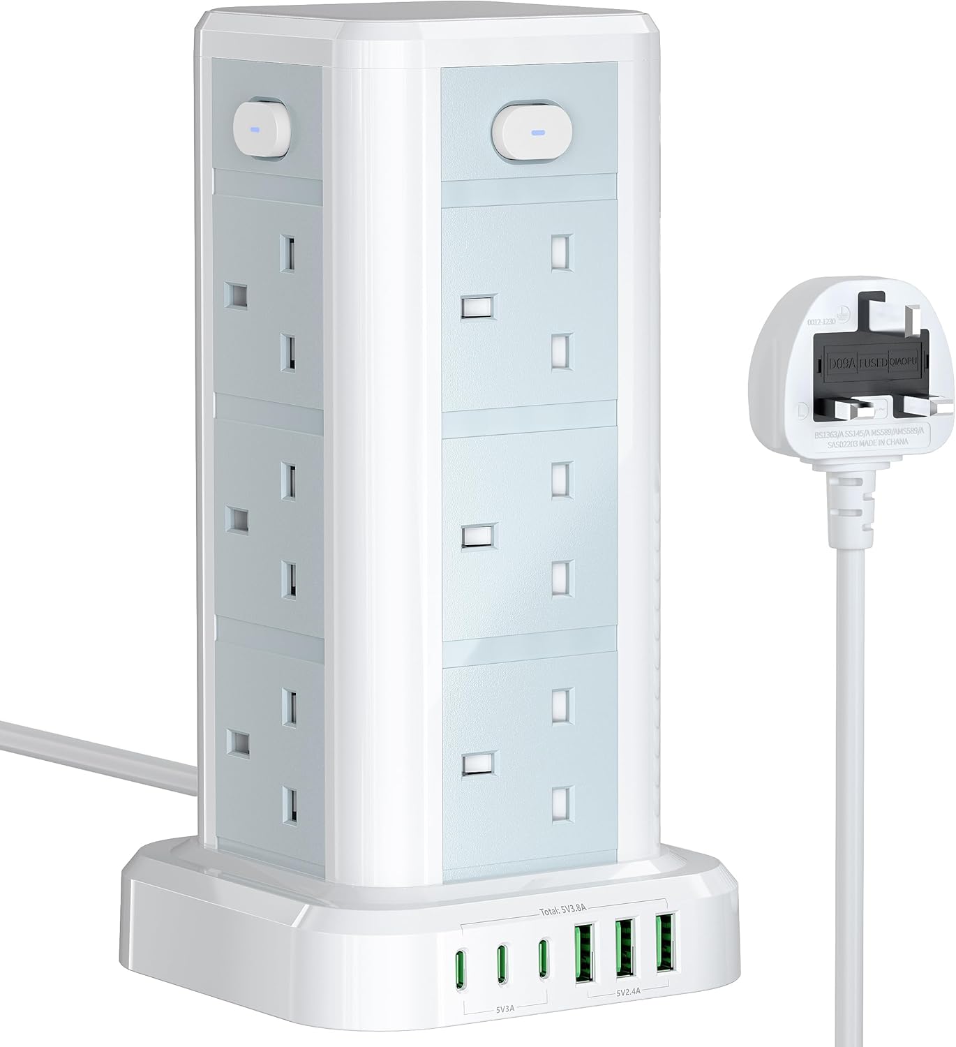 Tower Extension Lead with USB C Slots, Toomke 12 Way Plug Extension Socket Tower...