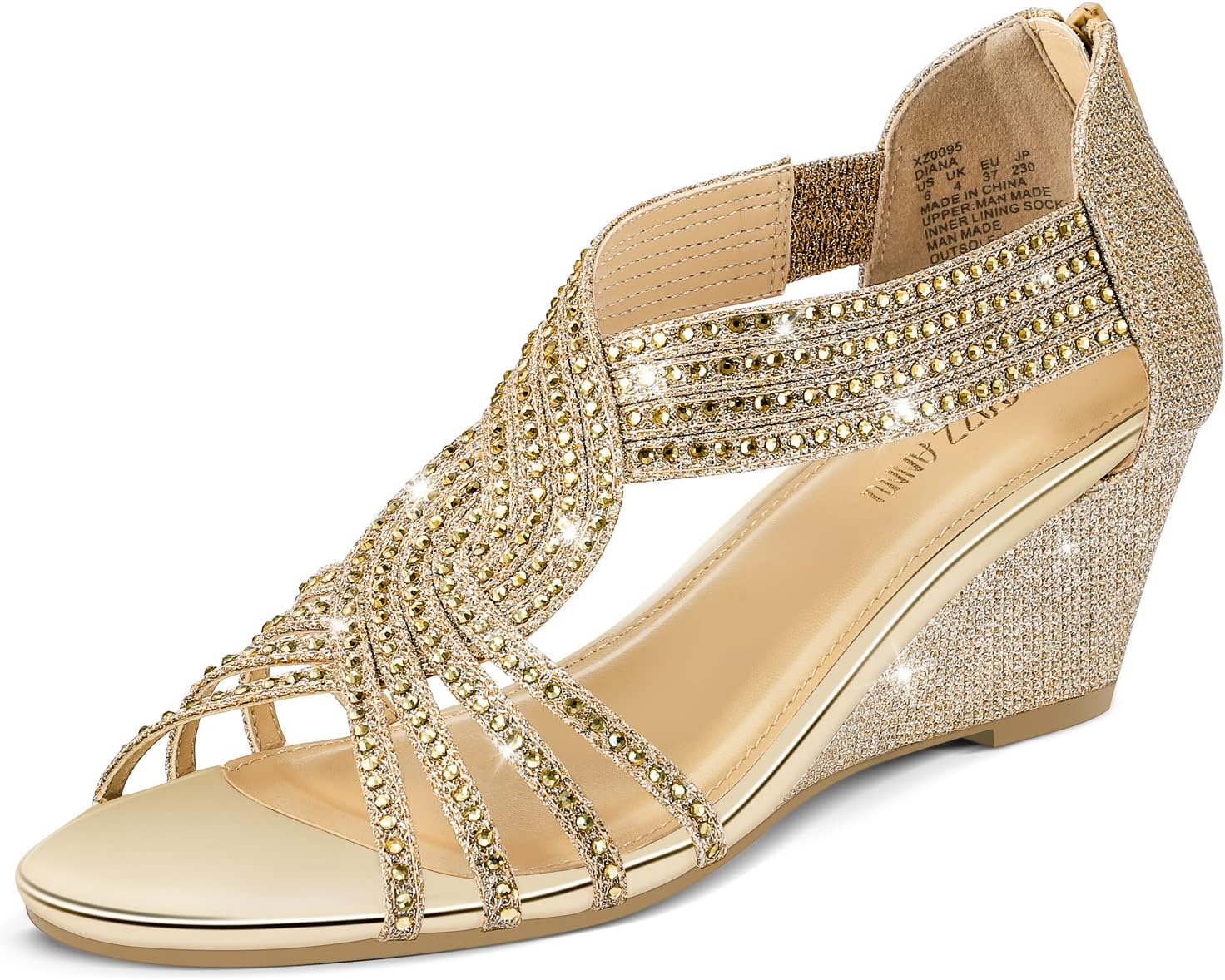 PIZZ ANNU, Mid Wedge Heel Sandals for Women, Special Glitter Shoes with Strap Rh...