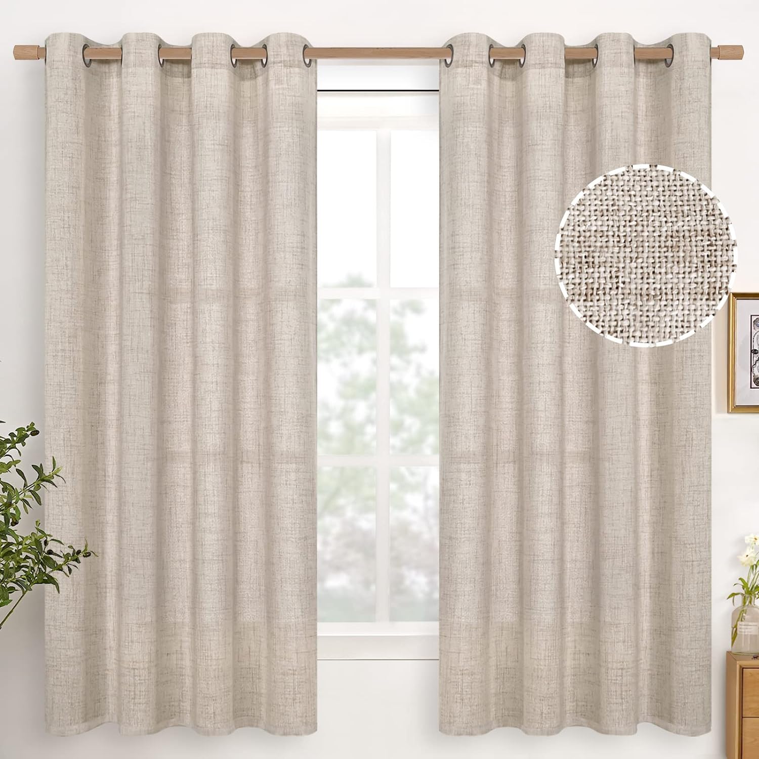 YoungsTex Natural Linen Curtains 63 Inch Length 2 Panels Bronze Grommet Linen Te...