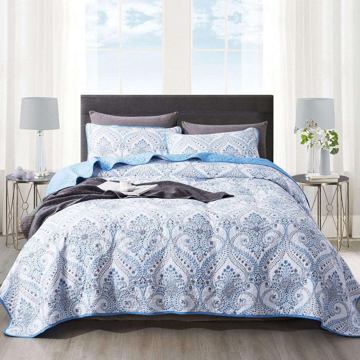NEWLAKE Cotton Bedspread Quilt Sets-Reversible Patchwork Coverlet Set, Blue Clas...