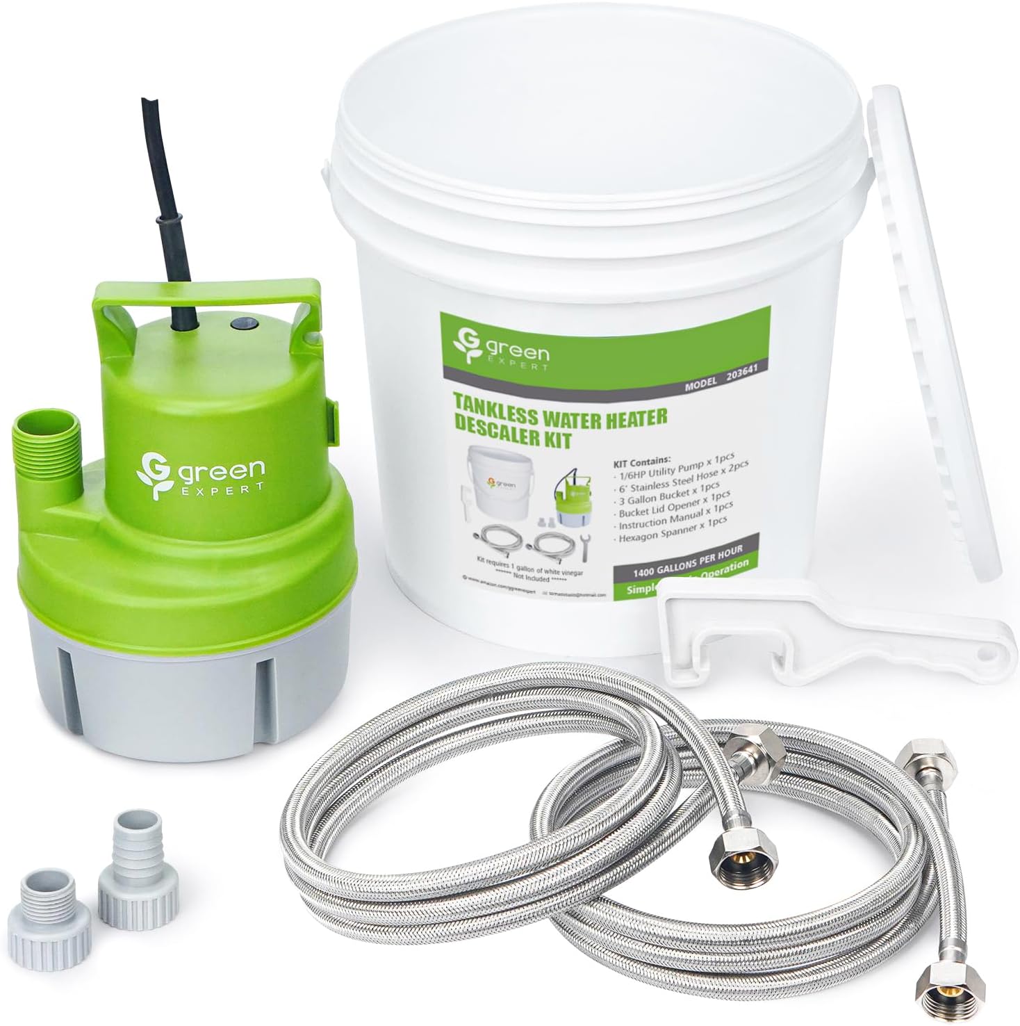 Green Expert Tankless Water Heater Flushing Kit Includes 1/6HP Efficient Utility...
