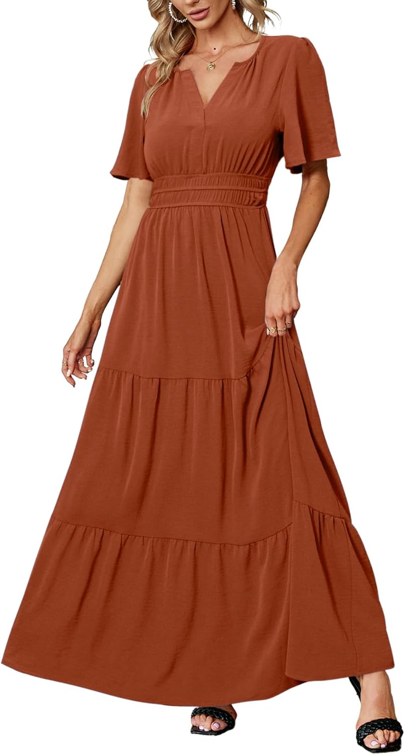 Amegoya Women's Summer Boho Maxi Dresses Casual V Neck Short Sleeve A-line Empir...