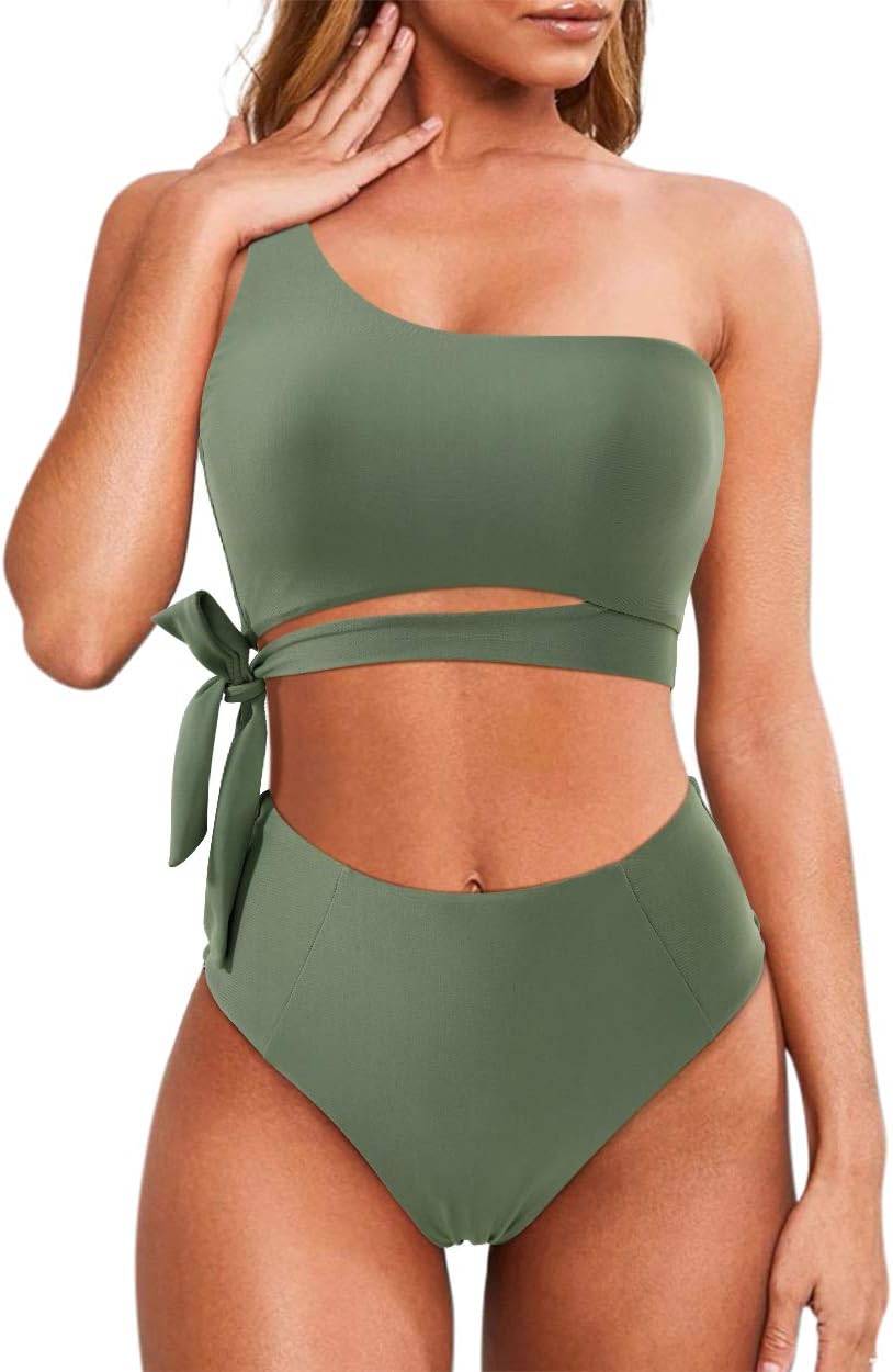 MOOSLOVER Women One Shoulder High Waisted Bikini Tie High Cut Two Piece Swimsuit...