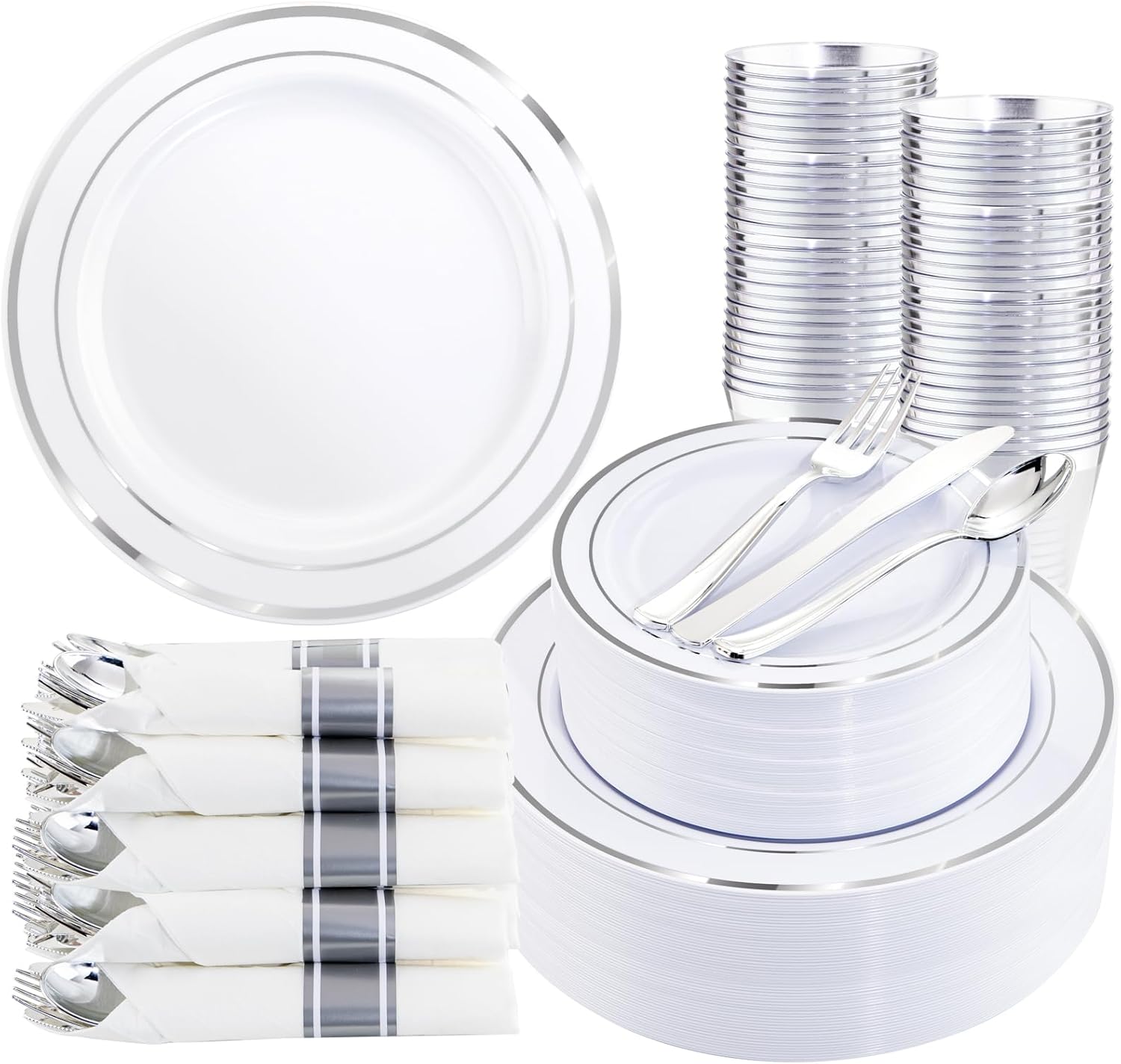 350Piece Silver Plastic Dinnerware Set, Special Dinnerware Set for 50 Guests, In...