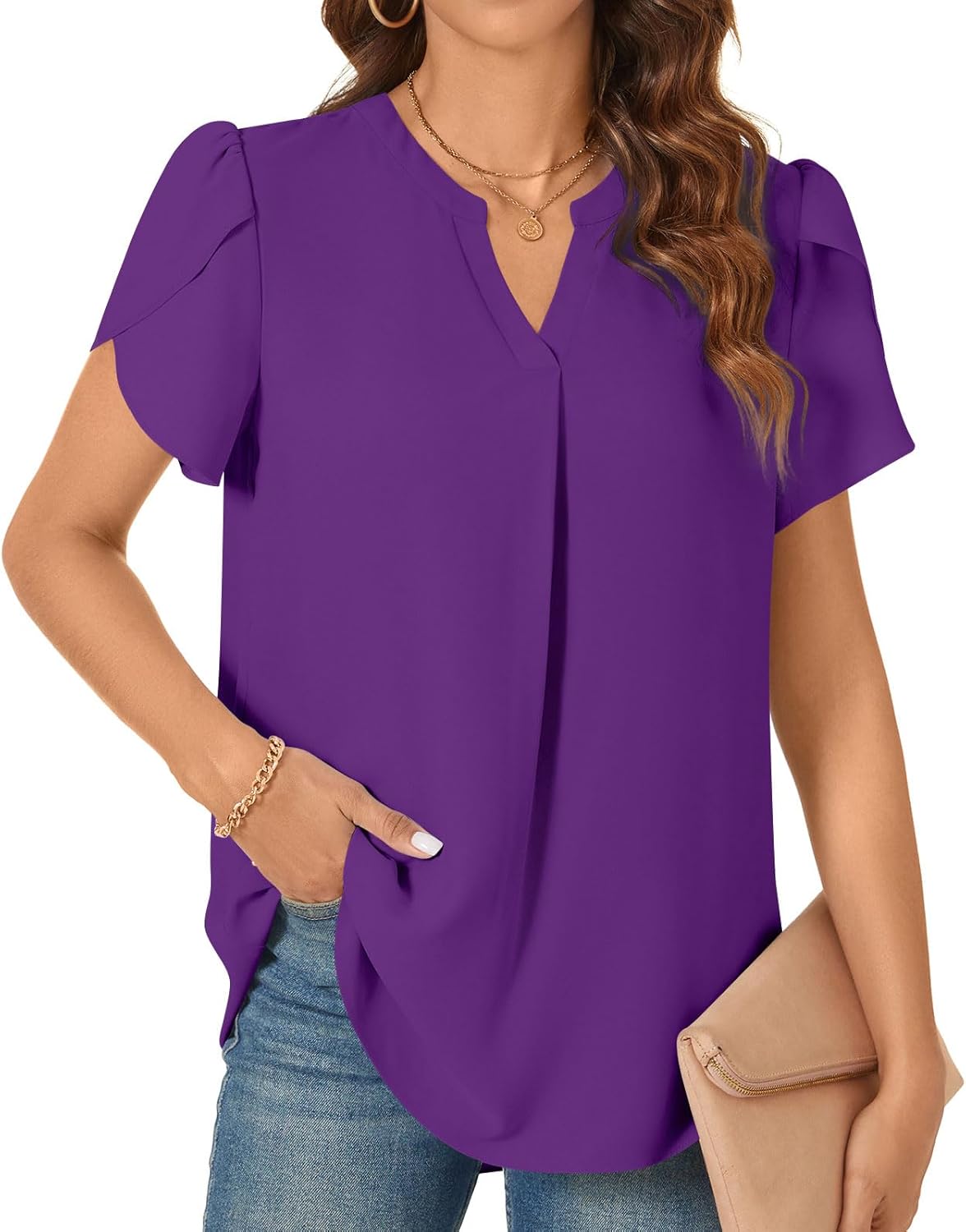 TAOHUADAO Womens Dressy Chiffon Blouses Summer Casual T-Shirts Petal Short Sleev...