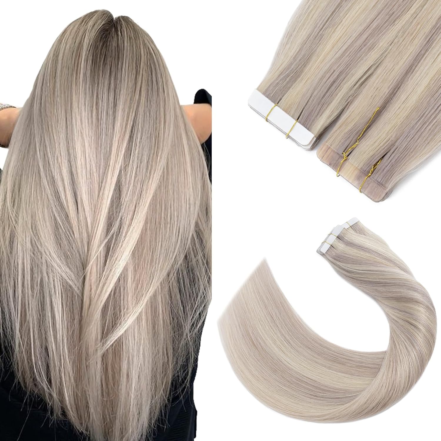 Silk-co 20inch Tape in Hair Extensions Real Remy Human Hair Extension Ombre Bala...