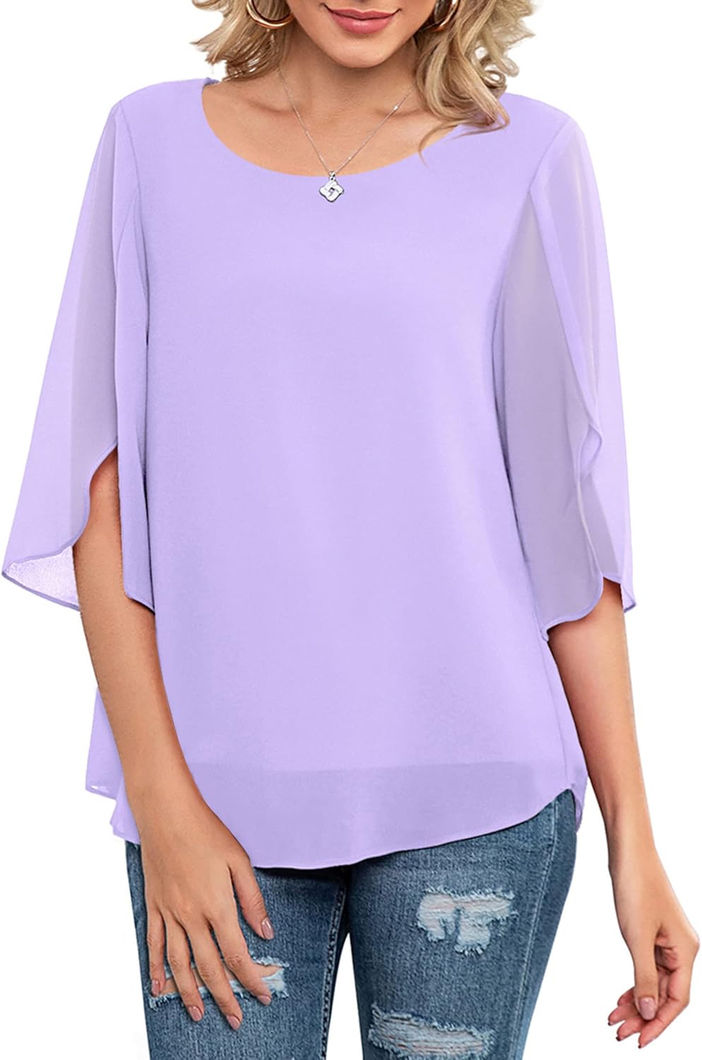 Neineiwu Womens Casual Scoop Neck Loose Top 3/4 Sleeve Chiffon Blouse Shirt Tops...