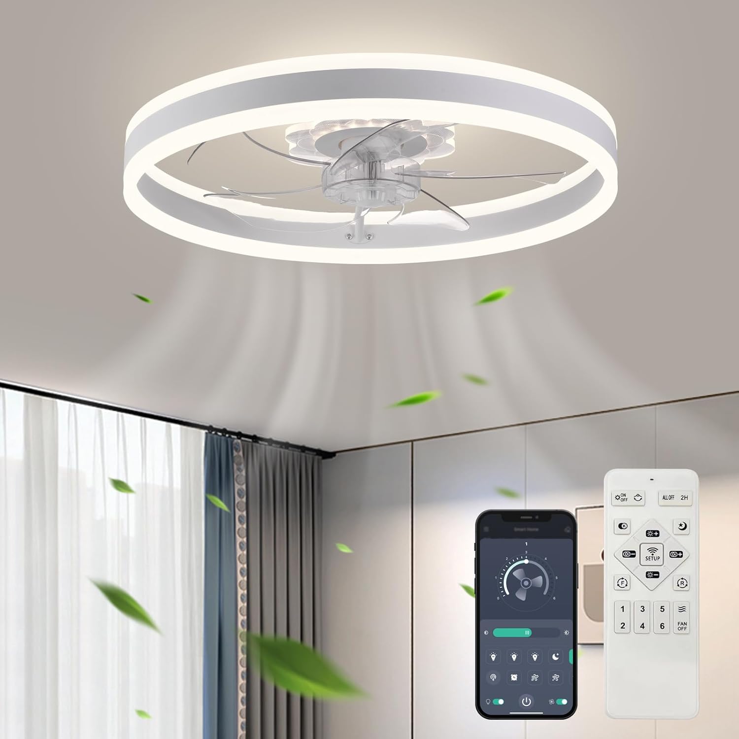 Ceiling Fan with Light, 2024 Upgraded 20‘’ Low Profile Fan, Flush Mount Ceiling...