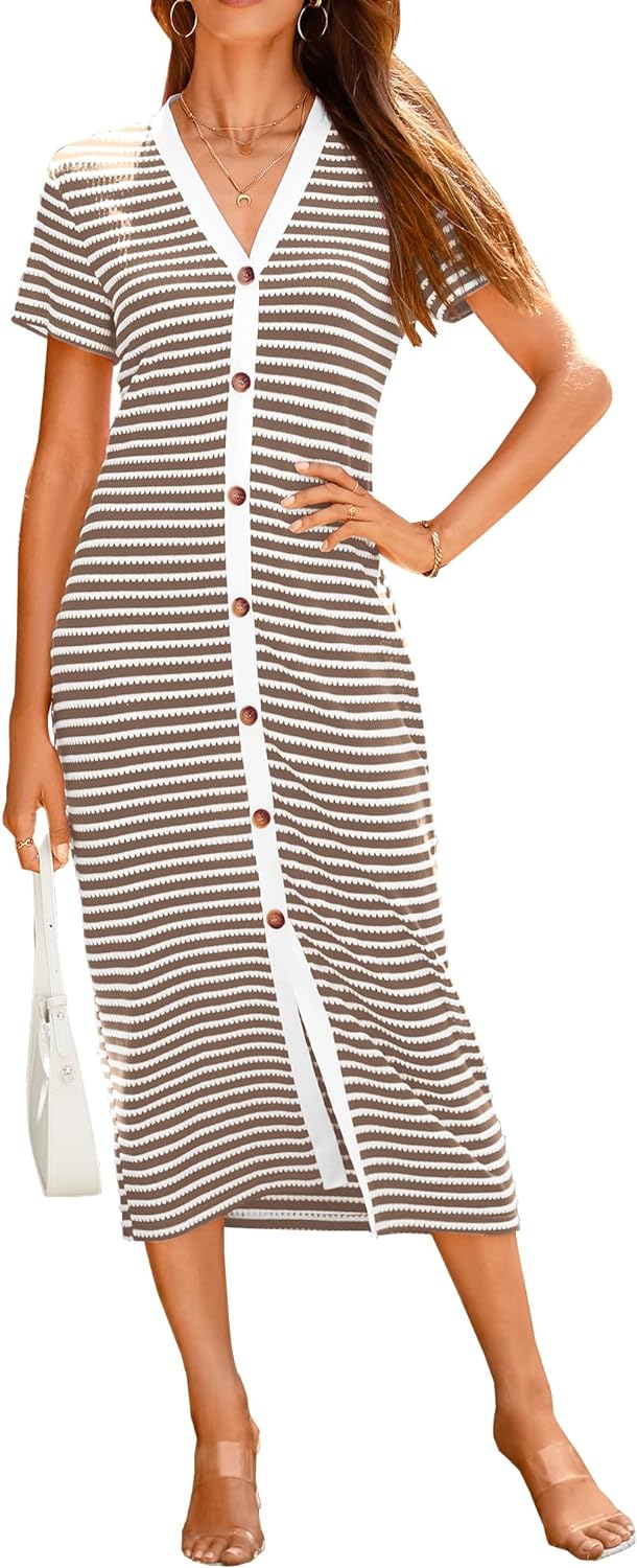 BTFBM Women Casual Summer Dresses, Special Short Sleeve Striped Midi Dresses, In...