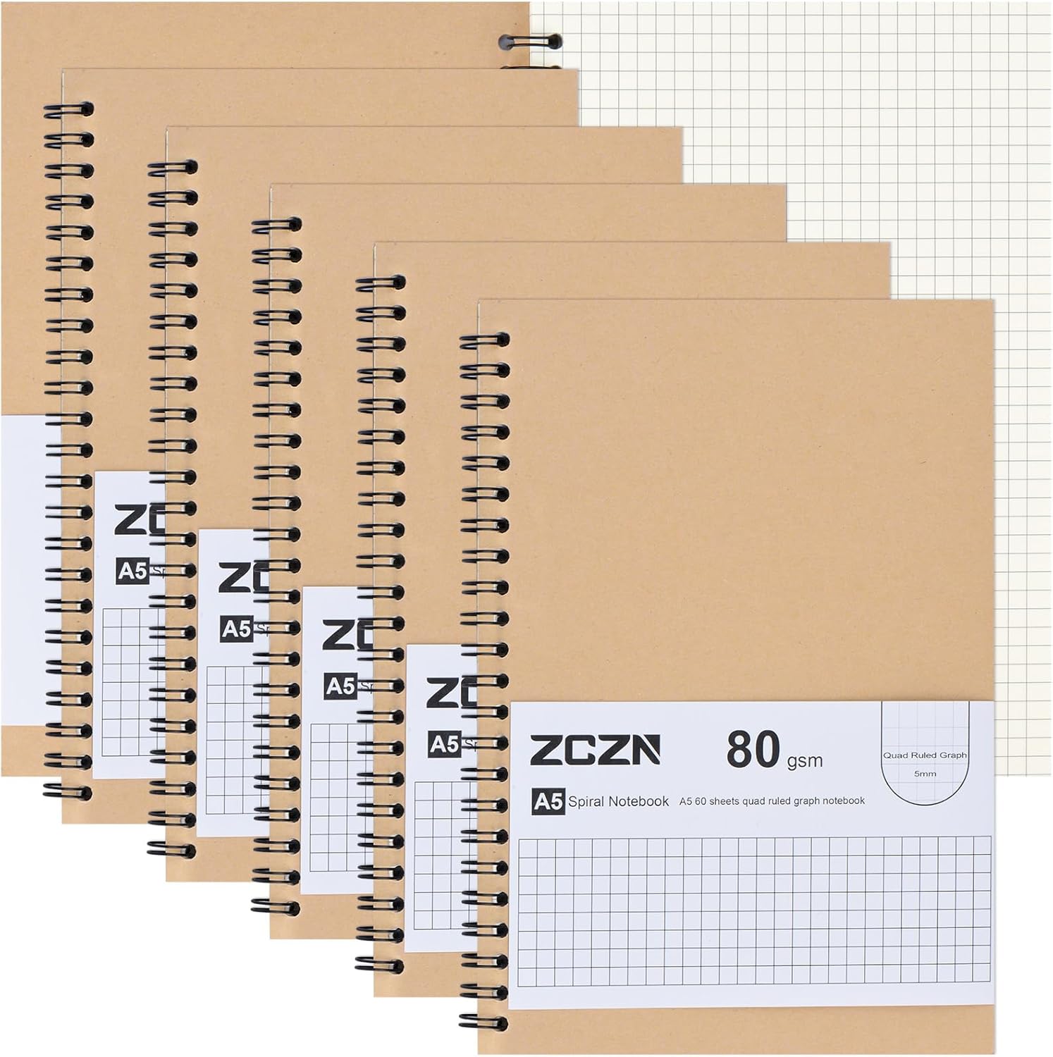 ZCZN A5 Squared Notebook, 6 Pack Spiral Notebook, 5mm Graph Grid Paper, 120 Page...