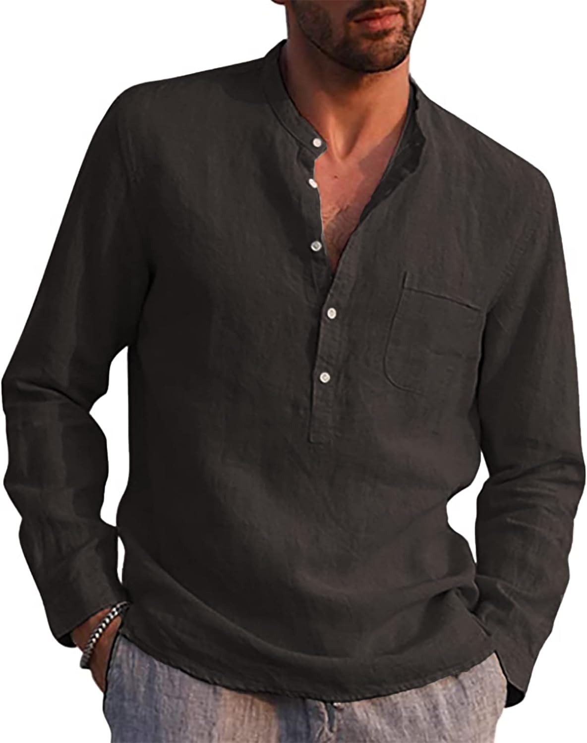 LVCBL Mens Casual Cotton Shirt Long Sleeve Band Collar Henley Shirt Tops Dark Gr...