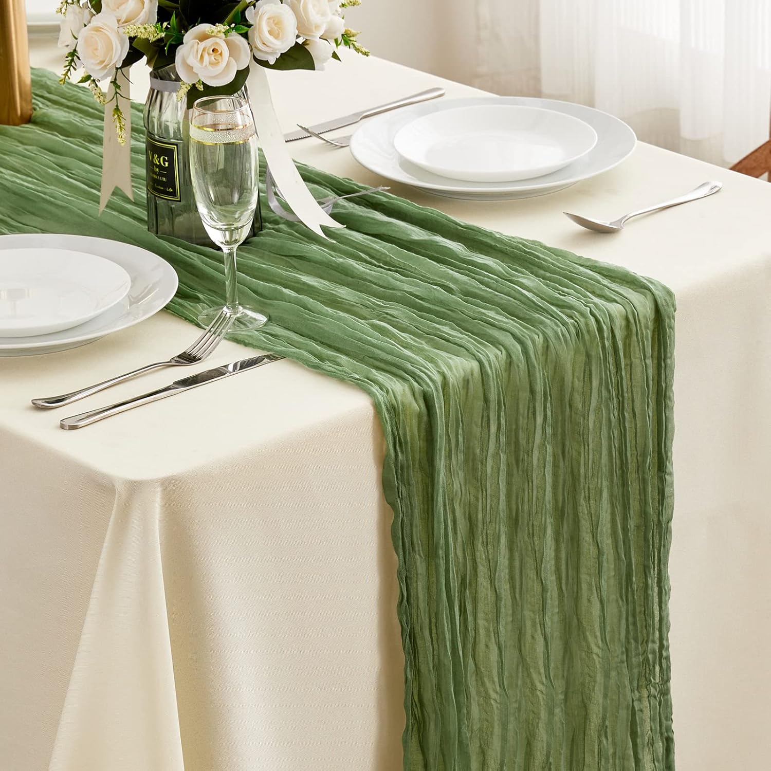 Sage Green Cheesecloth Table Runner, Special Table Runner for 13.3Ft Boho Gauze...