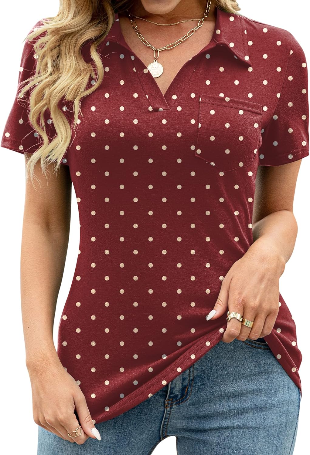 AKEWEI Womens V Neck Polo Shirts Short Sleeve Collared Tops Loose Casual Tunic B...