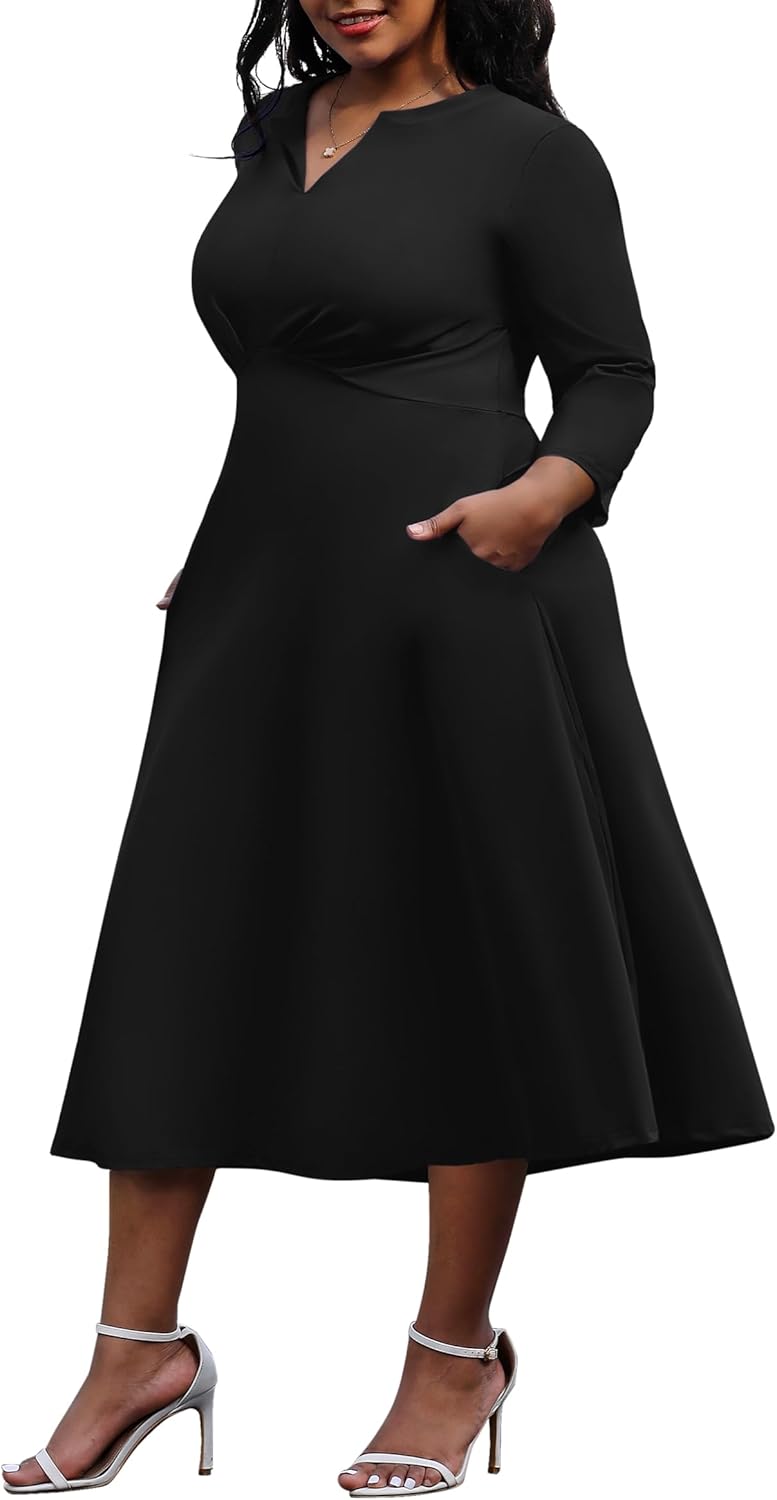 Nmoder Women's Plus Size Stretchy Flared Wrap Dress Casuel Wedding Guest Work Mi...