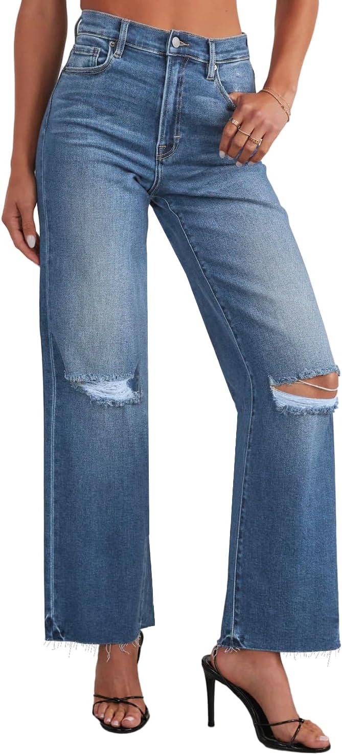 Allimy Women's High Waisted Straight Ankle Wide Leg Ripped Jeans Frayed Hem Stre...