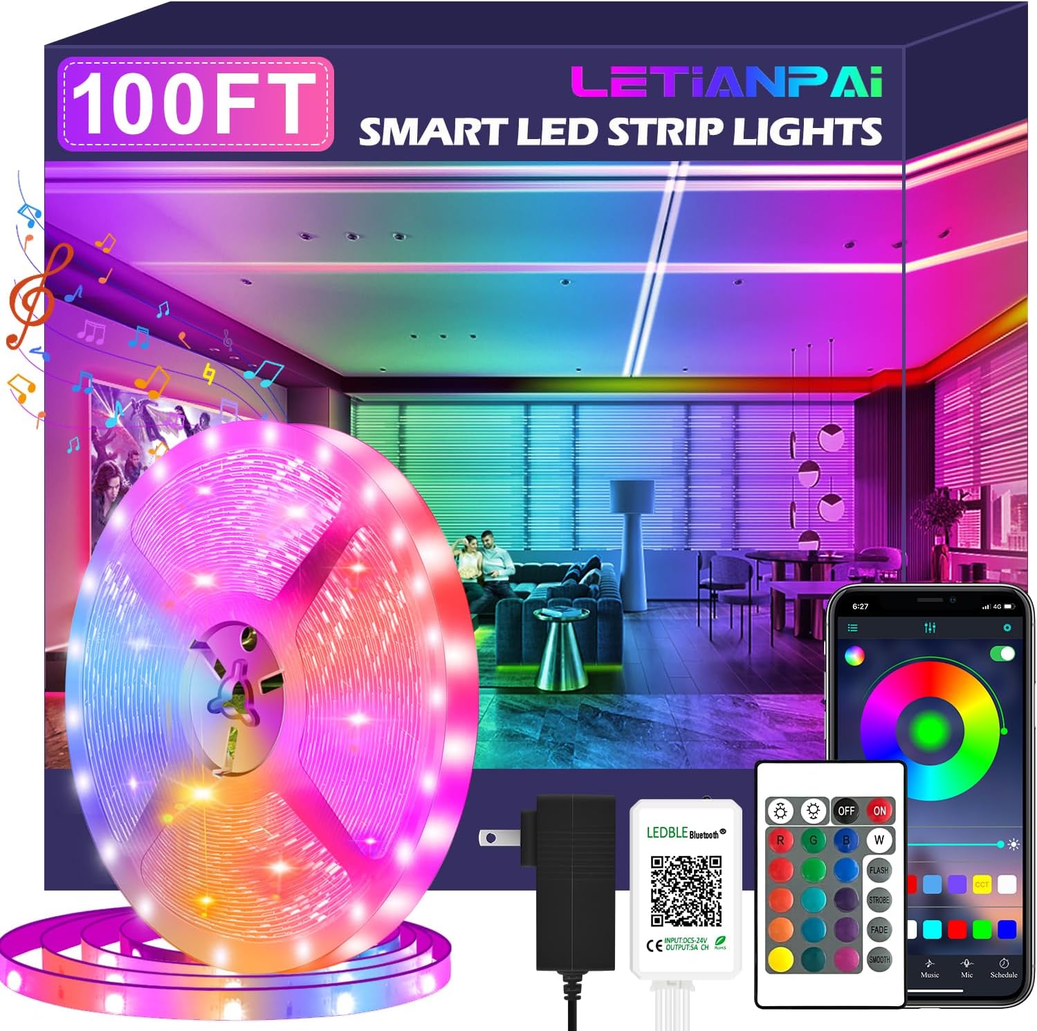 100ft Led Strip Lights,Long Smart Led Light Strips Music Sync 5050 RGB Color Cha...