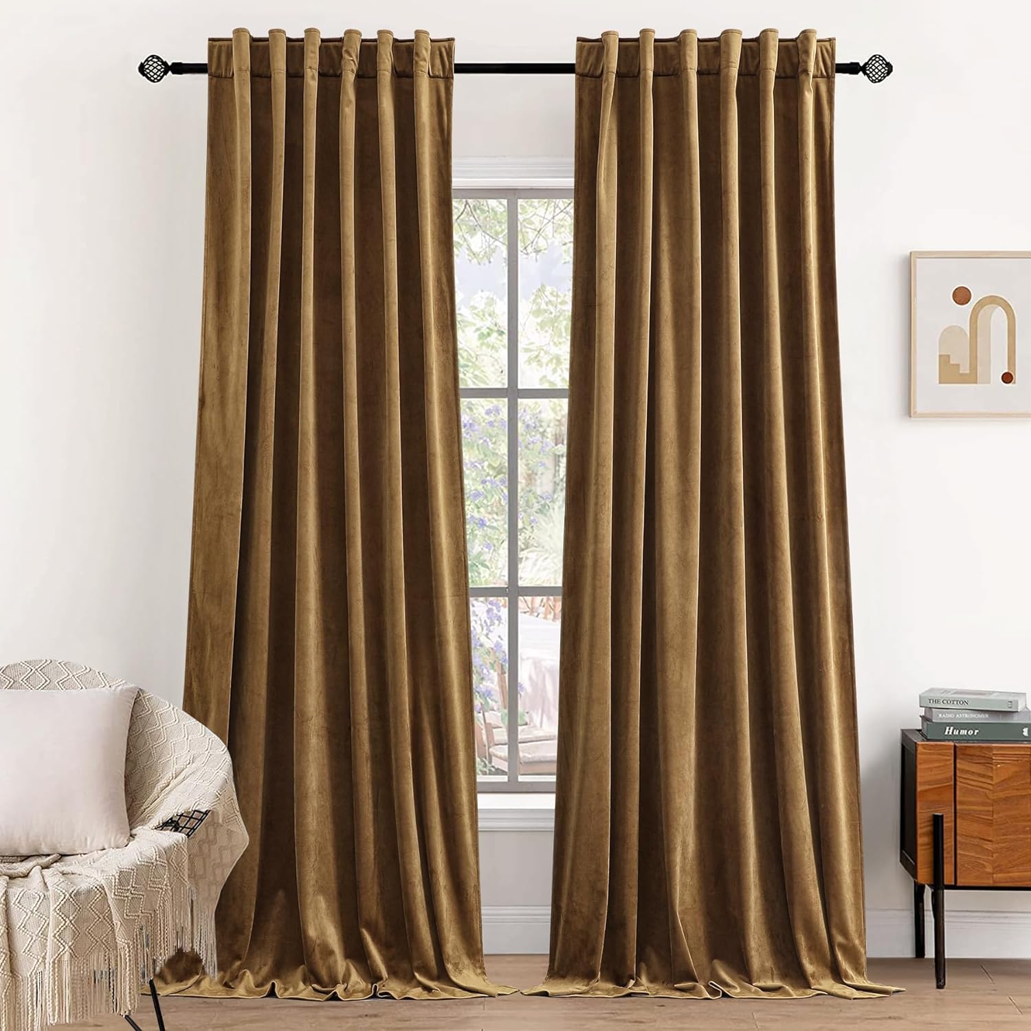 Dchola Gold Brown Velvet Curtains for Bedroom Window with Back Tab, Super Soft V...