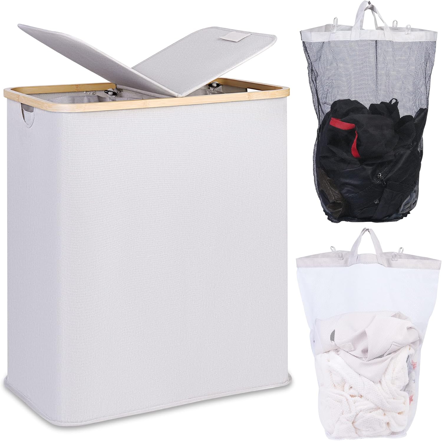 efluky Laundry Hamper with Lid, Double Laundry Hamper with 2 Removable Bags, 2 S...