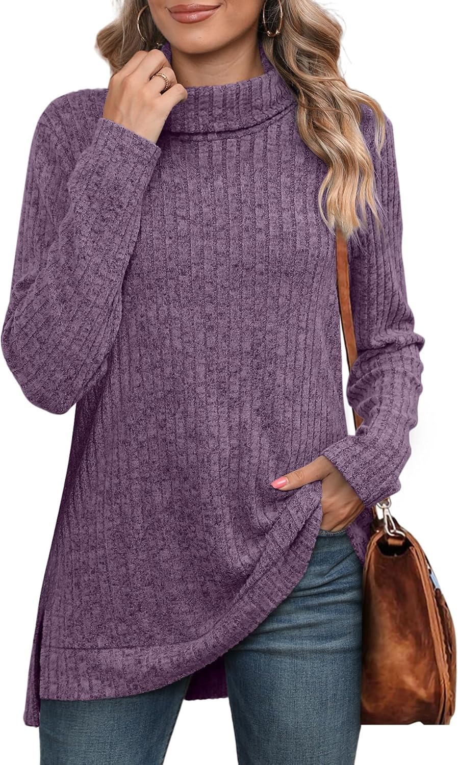 WIHOLL Womens Tunic Top, Special Turtleneck Long Sleeve Sweater, Innovative Side...
