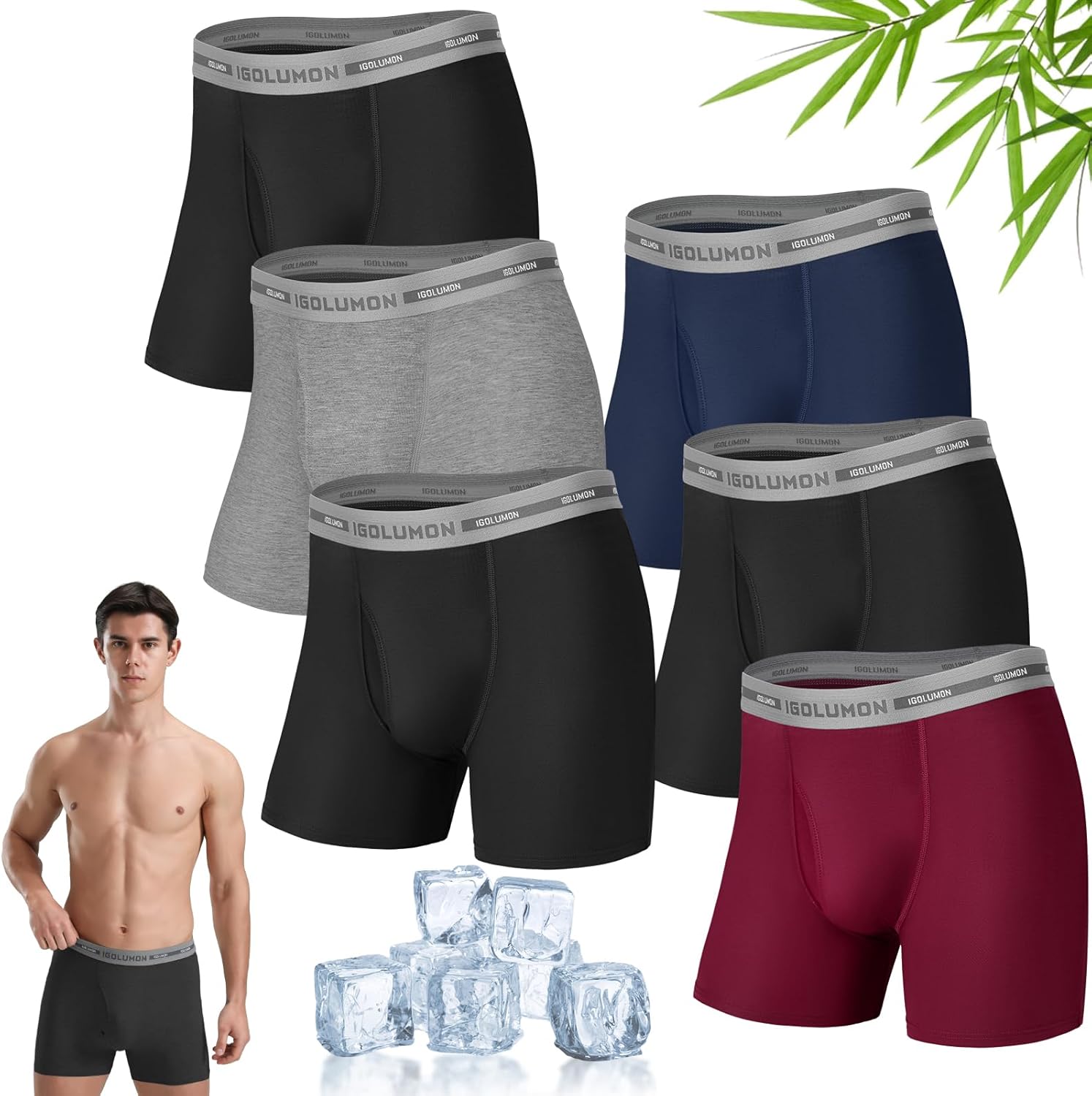 IGOLUMON Mens Bamboo Boxers Shorts 6 Multipack Breathable Underwear Briefs with...