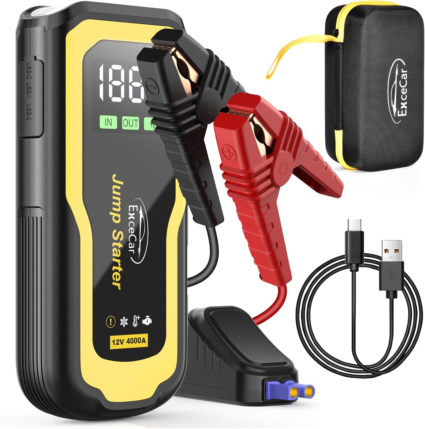 4000A Jump Starter Power Pack, 12V Lithium Portable Car Battery Booster Pack, Po...