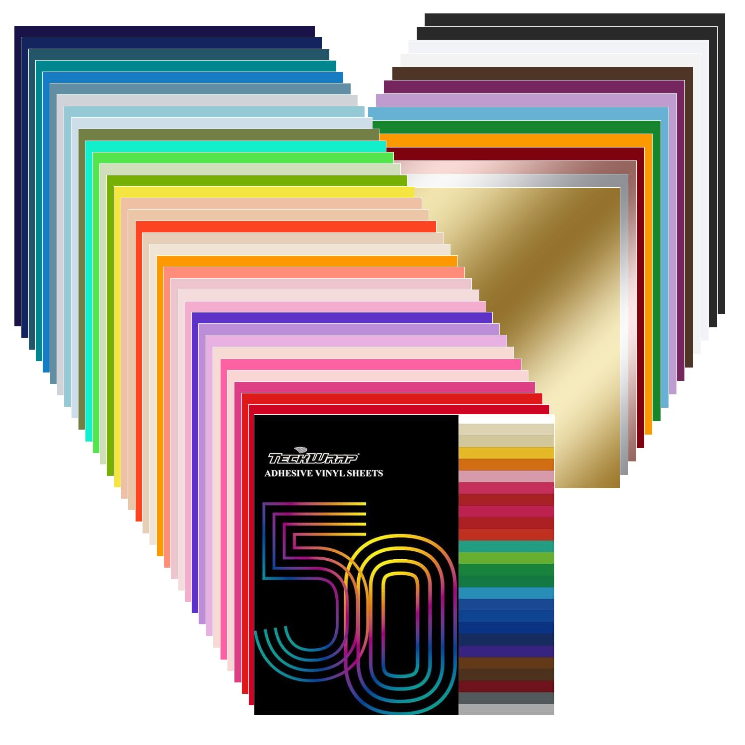 TECKWRAP 50 Pack 12" x 12" Permanent Adhesive Vinyl Sheets 48 Assorted Colors (G...