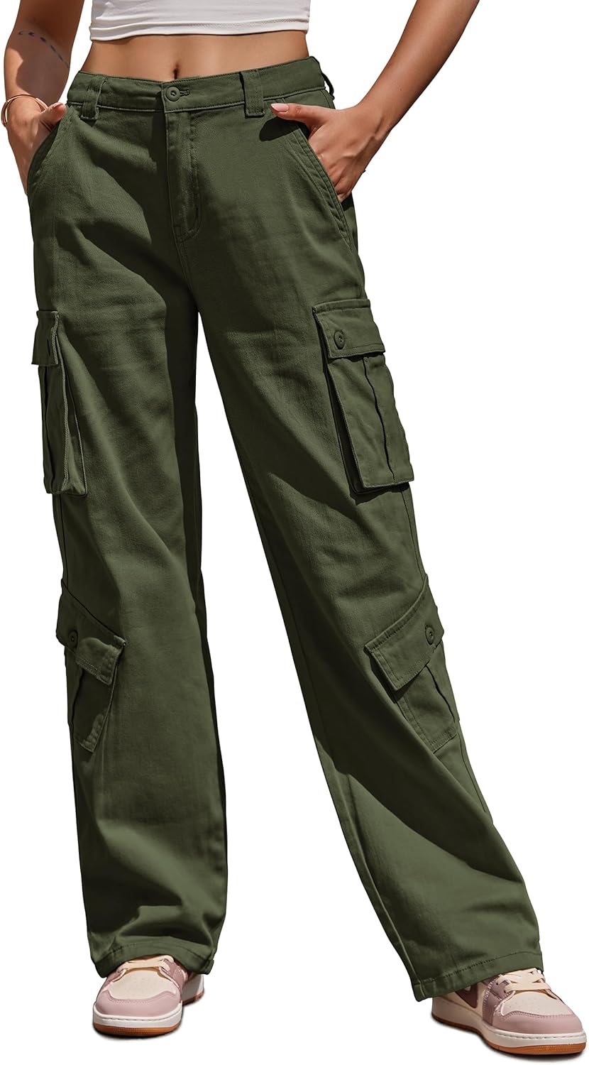 ZMPSIISA Women Pants High Waisted Cargo Pants Combat Military Trousers Wide Leg...