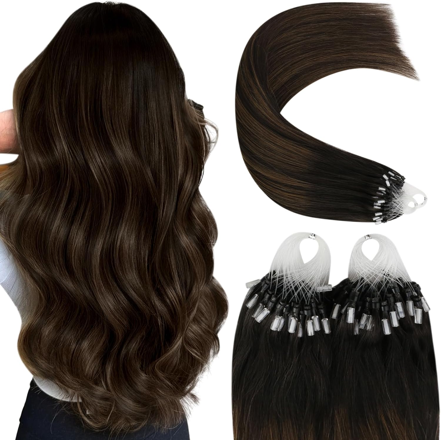 YoungSee Micro Beads Hair Extensions Dark Brown Ombre Medium Brown Micro Loop Ha...