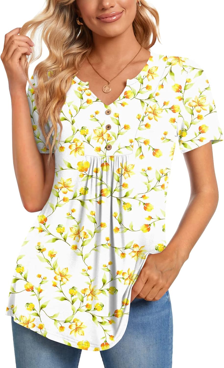 CATHY Womens Short Sleeve Tunic Tops, Special Henley Shirt, Innovative V-neck Bu...