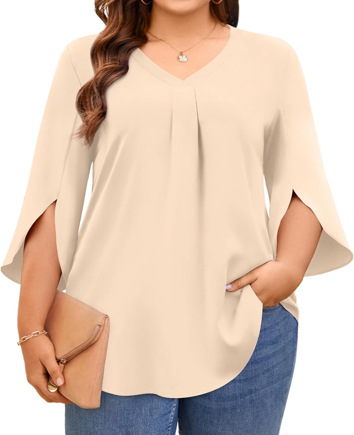 Aodemo Womens Summer Plus Size 3/4 Sleeve Chiffon Blouse Dressy Top V Neck Tunic...