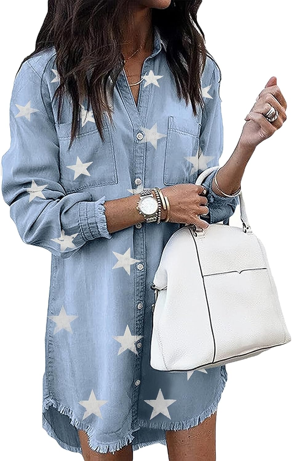 Zilcremo Women Denim Shirt Dresses Long Sleeve Distressed Jean Dress Button Down...