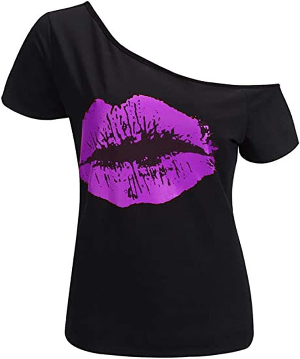 MAGICMK Women’s Short T-Shirt, Special Lips Print Casual Wear, Unique Off The Sh...