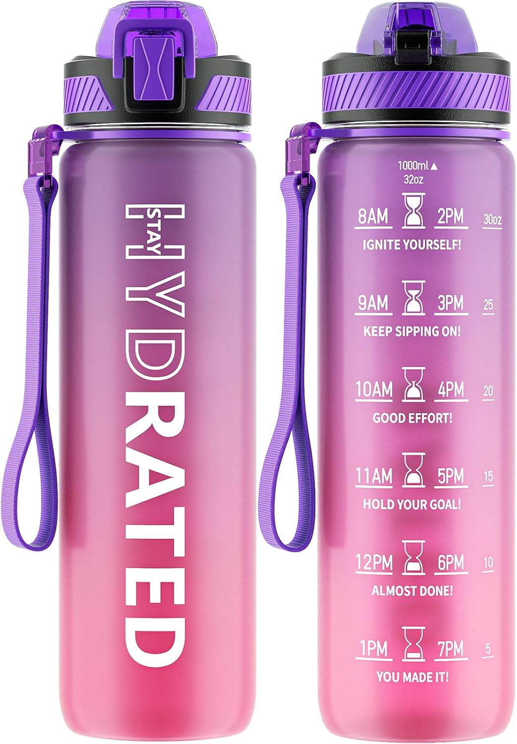 Water Bottle with Straw, 32oz Motivational Water Bottles with Time Marker to Dri...