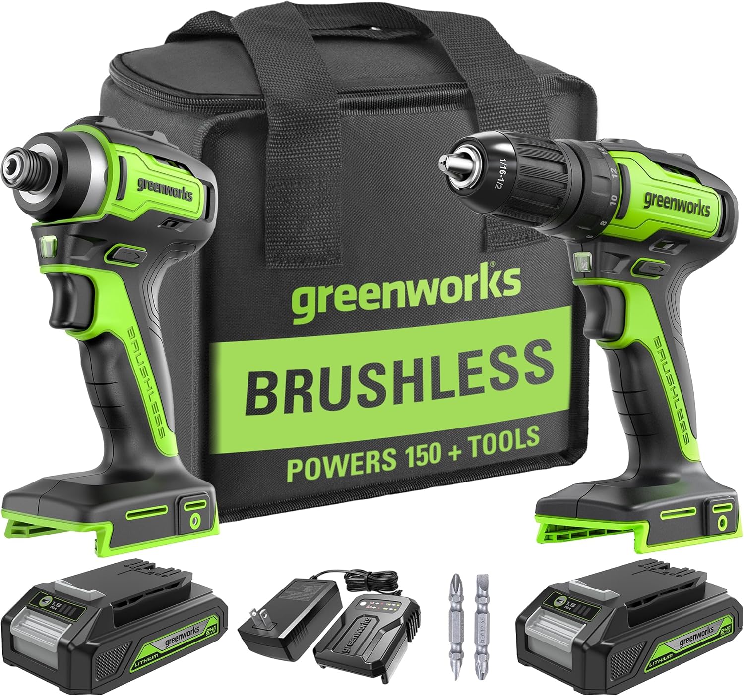 Greenworks 24V Brushless Cordless Drill and Impact Driver,Power Tool Combo Kit I...