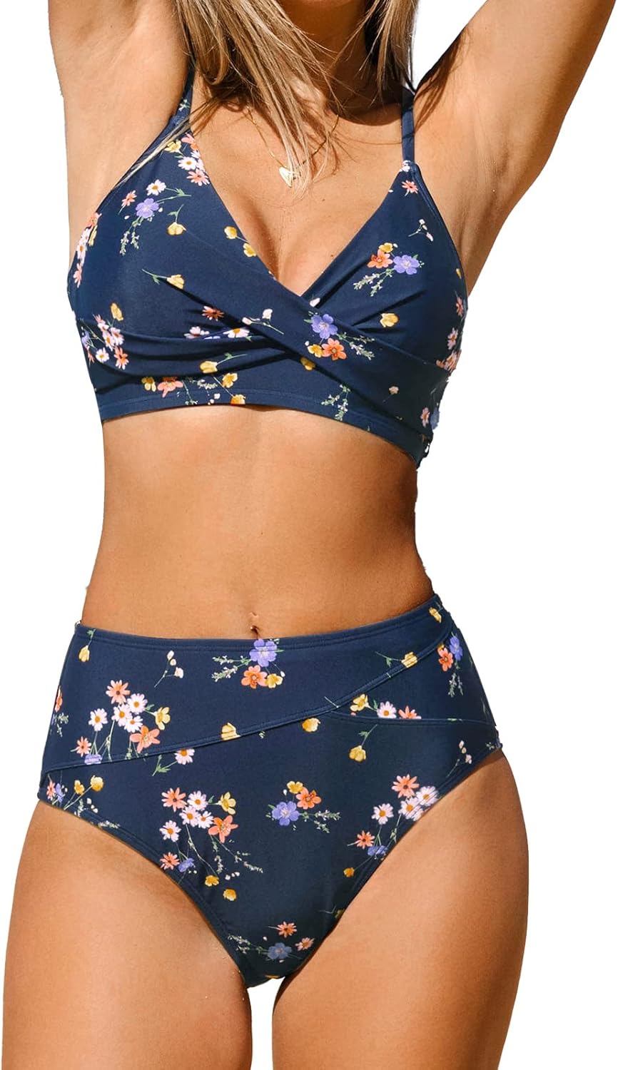 CUPSHE Women's Bikini Set, Special Twist Front High Waisted Bathing Suit, Innova...