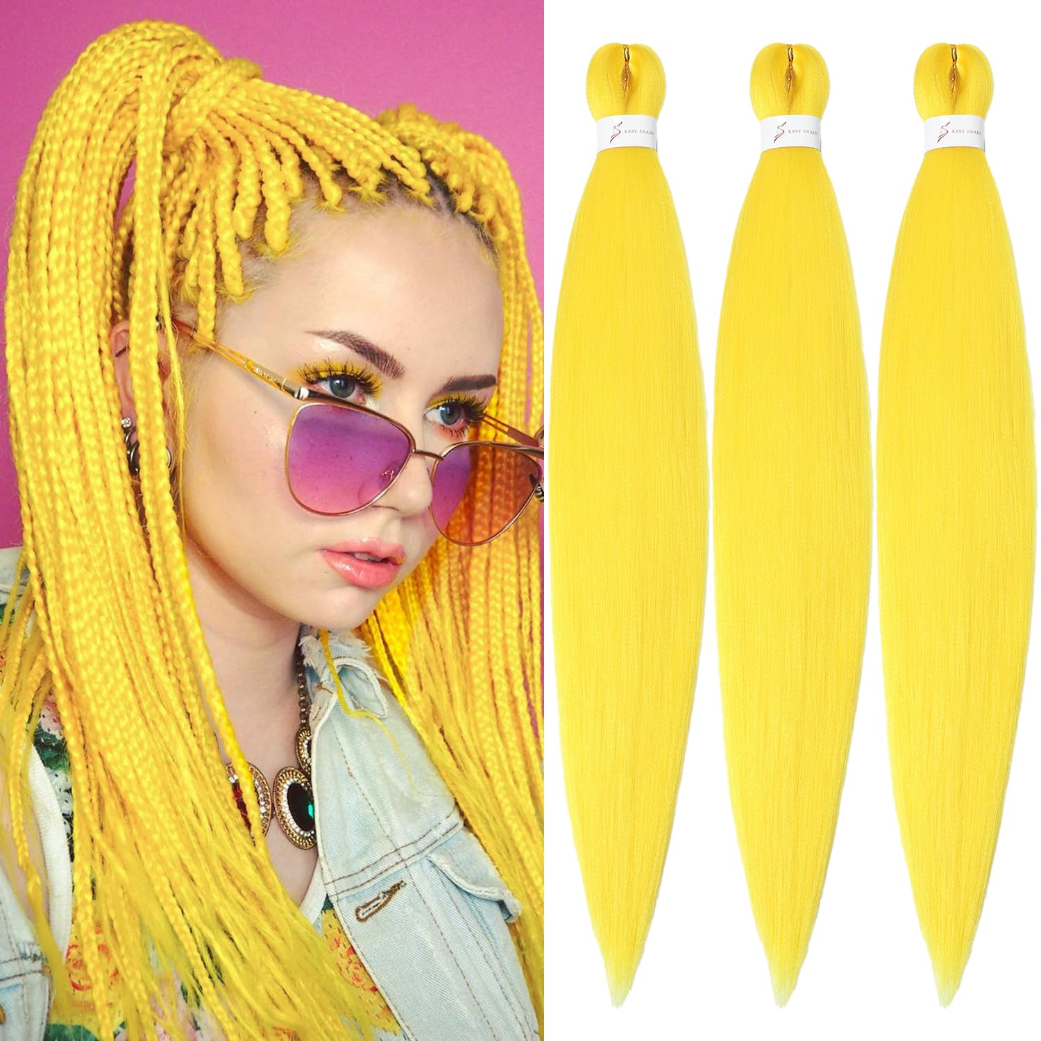 Yellow Braiding Hair Pre-Stretched Hair Extensions Braiding hair 26 inch 3 Packs...