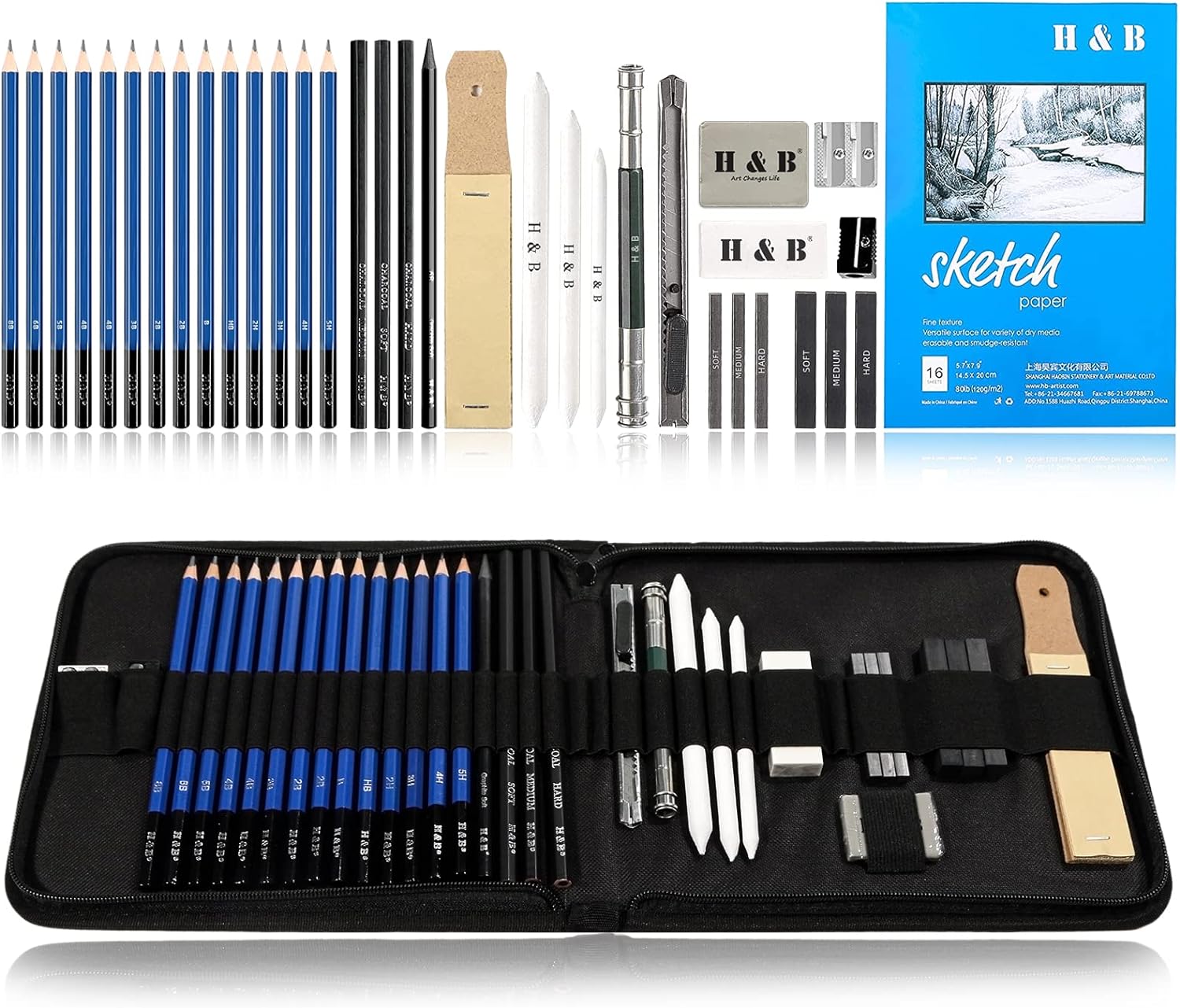 H & B Drawing Sketching Pencils Set, 35 Pack Art Kit with Sketch Book Draw Penci...