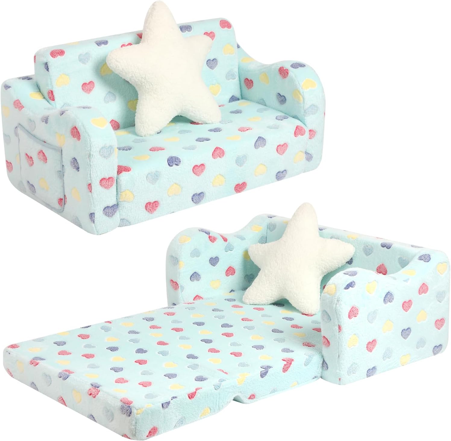 Extra Wider Seating Toddler Couch, 2-in-1 Toddler Soft Couch Fold Out with Star...