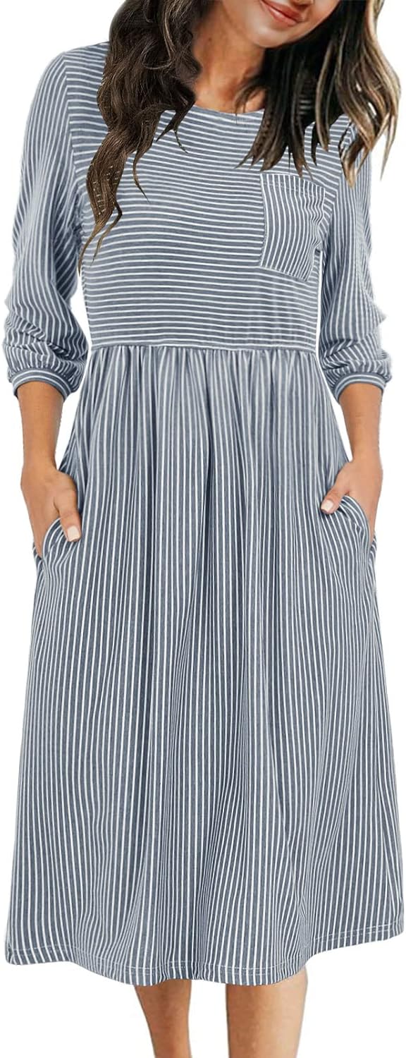 MEROKEETY Women's Dress, Special 3/4 Balloon Sleeve Striped Dress, High-Quality...
