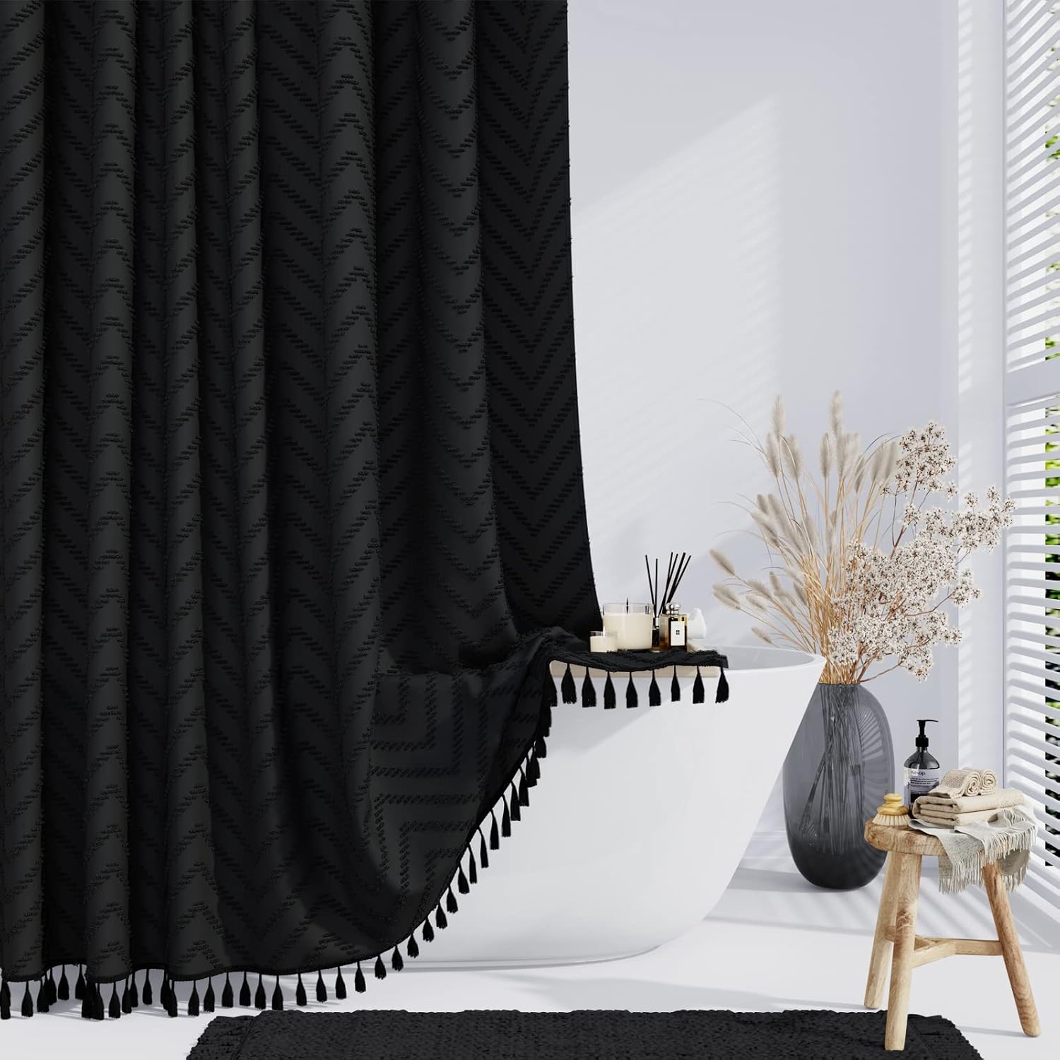 Dynamene Boho Farmhouse Shower Curtain, Black Fabric Tufted Chevron Striped Text...