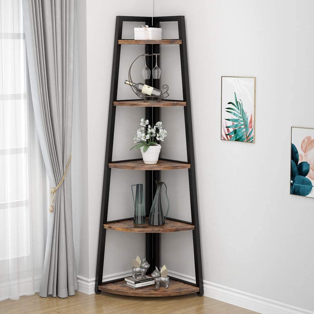 Tribesigns 70 inch Tall Corner Shelf, 5 Tier Rustic Corner Bookshelf Bookcase In...