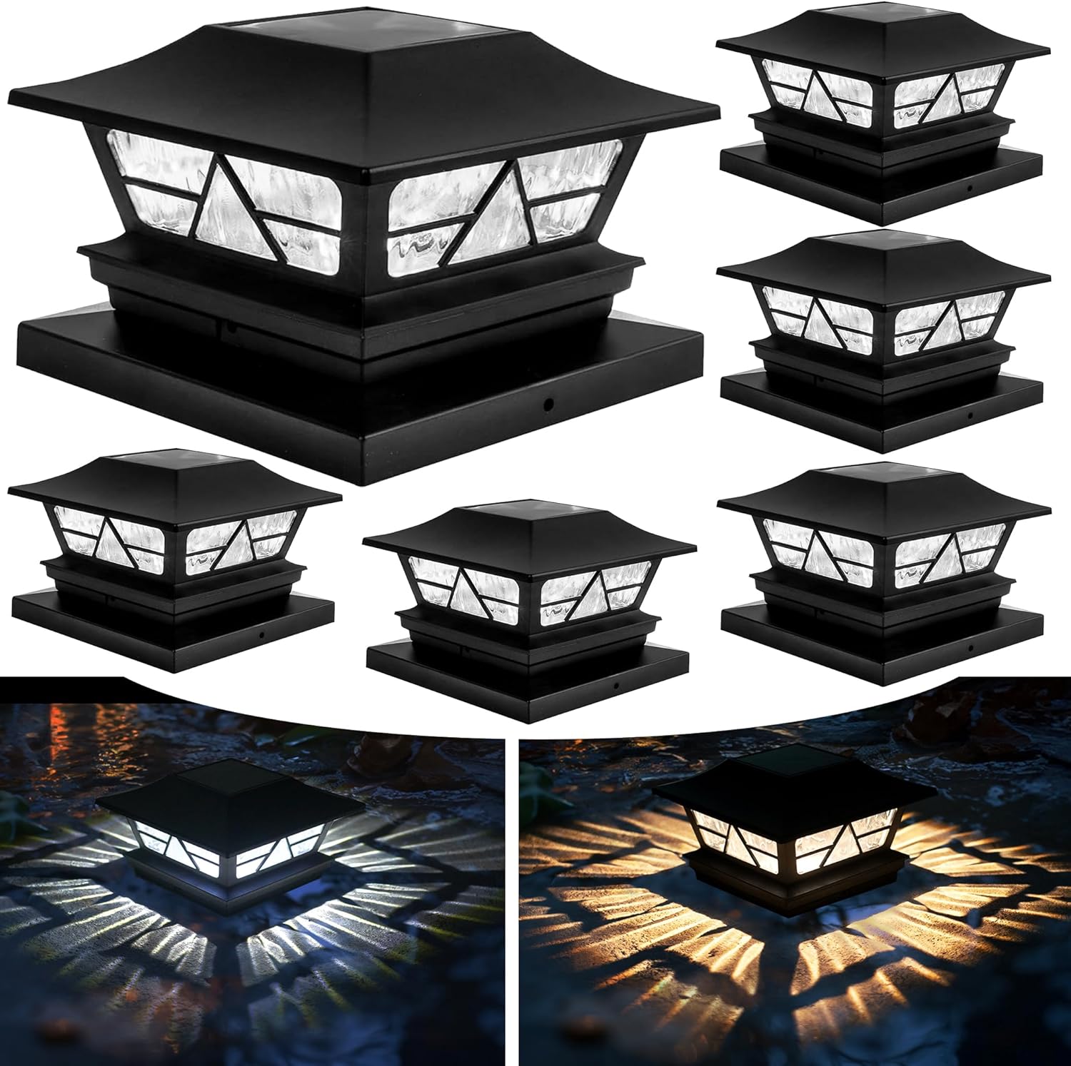 TW SHINE 6 Pack Solar Outdoor Fence Post Lights, 2 Modes Post Cap Lights Waterpr...