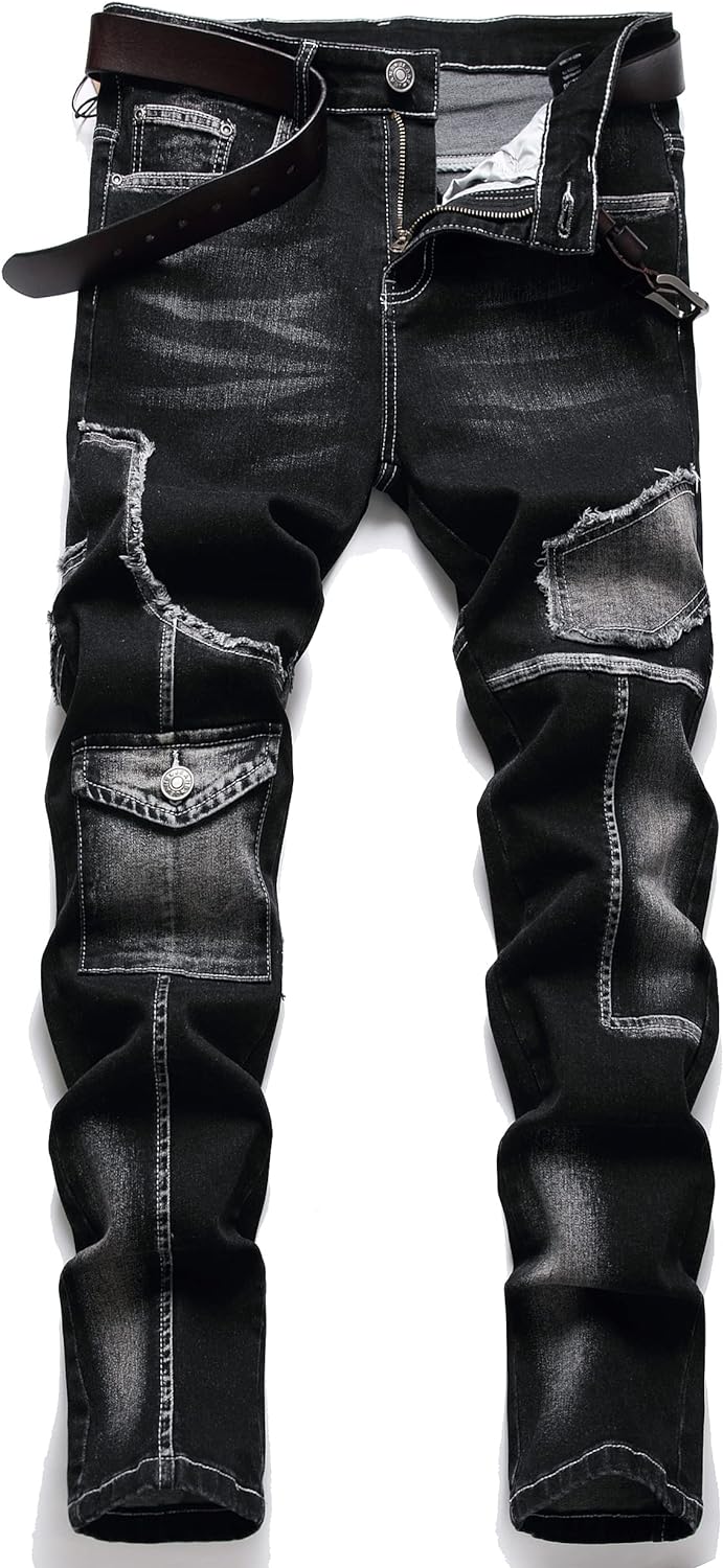 XIMXIMMTIAN Men's Biker Moto Washed Distressed Slim Fit Straight Jeans Denim… 32...