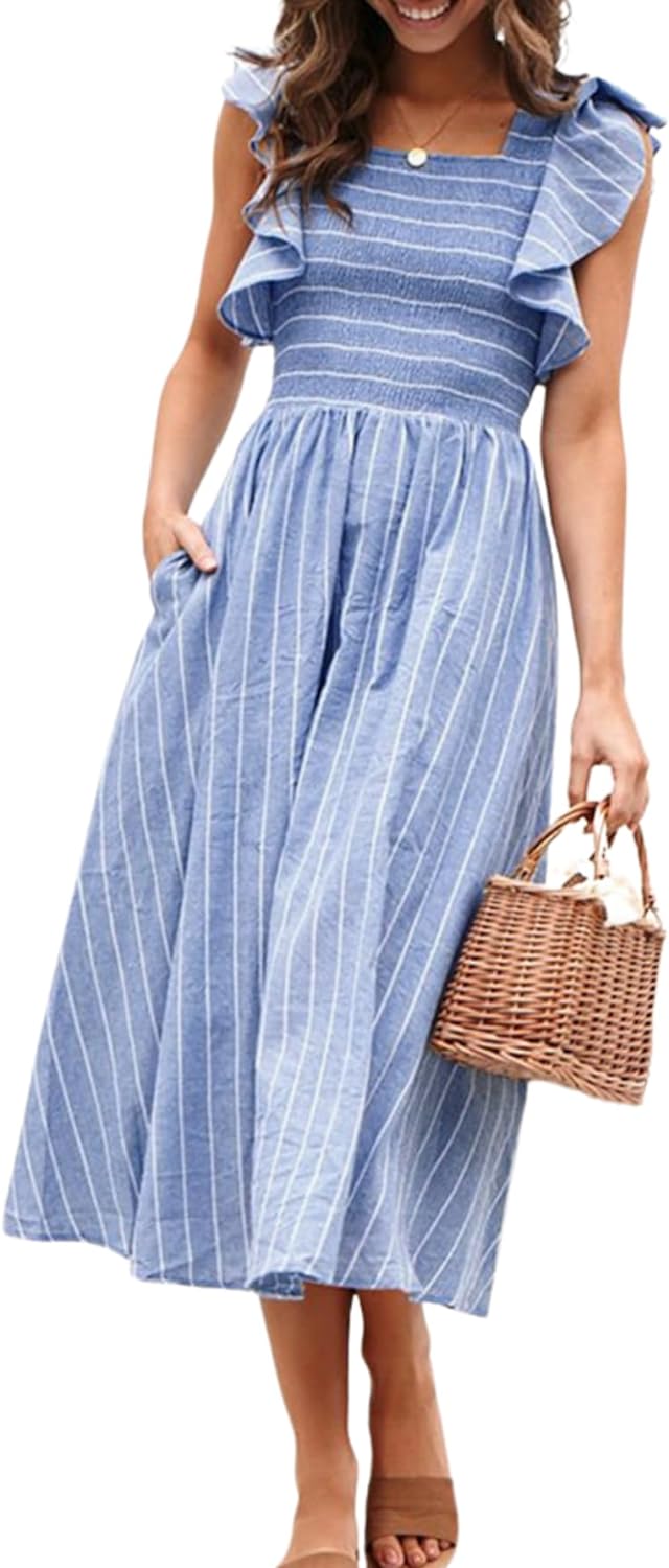 Miessial Women's Striped Linen Dress, Special Elegant Dress with Square Neck and...
