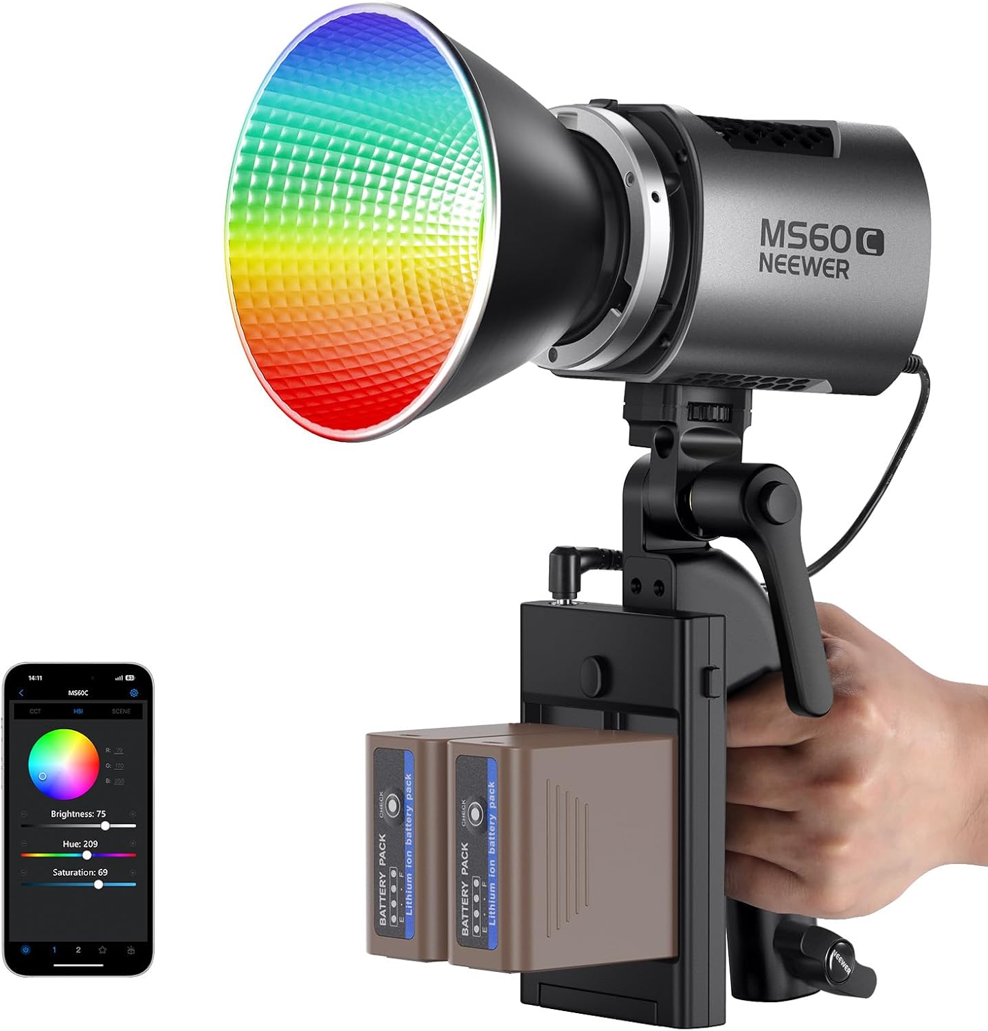 NEEWER MS60C 65W COB RGBWW LED Video Light with Battery Kit, 2.4G/APP Control, 2...